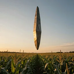 wide shot of a tall and thin rock shard geometric statue hovering vertically thirty feet above a cornfield, late afternoon, golden hour, dramatic lighting, cinematic, highly detailed, smooth, sharp focus, concept art by greg rutkowski and marc simonetti