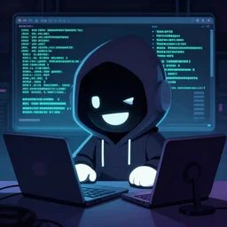 low - fi hacker avatar character happy at dark mode terminal