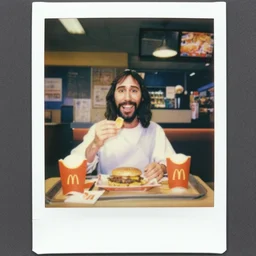 jesus taking a lunch break at his day shift at mcdonald ’ s circa 1 9 8 0, polaroid image