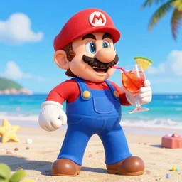 mario on the beach drinking a cosmo, professional high quality 4 k render tight action shot heart pounding intense lighting