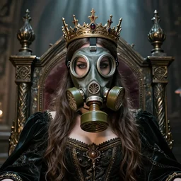 highly detailed closeup portrait of a goth medieval princess wearing a crown and a gas mask sitting on a throne, nicoletta ceccoli, mark ryden, lostfish, global illumination, god rays, detailed and intricate environment