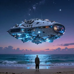 a giant glowing spaceship floating in the ocean, an old soul standing on the beach overlooking, colorful sky with many stars, hyper realistic, epic lighting, rending on artstation