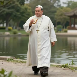 a slightly overweight male pastor, walking by a pond, eating a sandwich, 3d render, cinematic shot, hyper realistic
