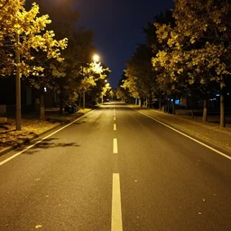 at night, a large road extends into the distance, the leaves on both sides of the road are yellowed by the street lights, tranquility, film texture, super fine, 8 k