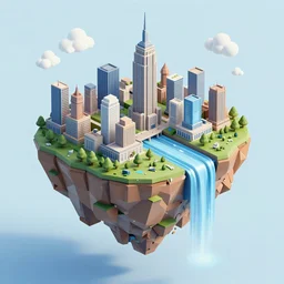 floating new york landmass island in the sky, low poly, isometric art, 3d art, waterfall, high detail, artstation, concept art, behance, ray tracing, smooth, sharp focus, ethereal lighting