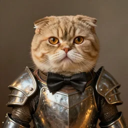 a cute chubby Scottish fold cat with bow tie portrait, partially clothed in metal-plated battle armor, face centred, atmospheric lighting, painted, intricate, volumetric lighting, beautiful, golden hour, sharp focus, ultra detailed, by Leesha Hannigan, Ross Tran, Thierry Doizon, Kai Carpenter, Ignacio Fernández Ríos