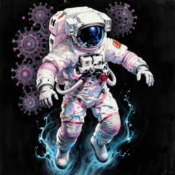 close up shot of a full body floating astronaut portrait water elemental fading into water, high contrast, james gurney, peter mohrbacher, mike mignola, black paper, mandelbulb fractal, trending on artstation, exquisite detail perfect, large brush strokes, bold pinks and blues tones, intricate ink illustration, black background