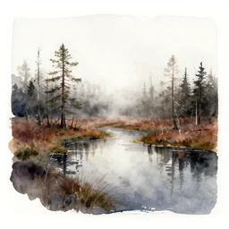 watercolor painting of scandinavian bog, reflective, fog, ambient lighting, mockup watercolor sketch with bold brushstrokes, smudged and smeared paint, white border edge, white paper corners
