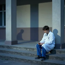 querry and doctor colin sat on the steps of the hospital in the cool of the early day. every pillar had its shadow and every shadow its crouching patient. painted by joseph zbukvic