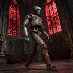 Dutch Angle shot of a rusted android walking across a dimly lit gothic cathedral with red stained glass windows, cinematic, concept art, detailed, dark