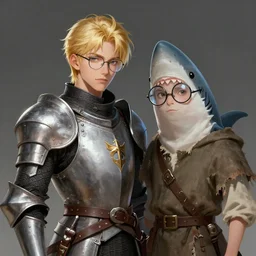 a blond knight in armor with glasses, and his squire in rags with round glasses, shark head, fantasy, digital portrait, scifi, realistic, detailed, concept art, comics, ruan jia, wlop