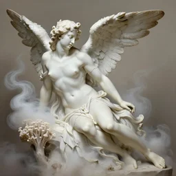 realistic digital painting of a stunning intricate cracked white marble falling angel with face of an piero angela open eye bernini sculpture, trailing white vapor, mycelium stands and misty xparticles neutral tone background, trending on artstation, hyperrealism, matte painting, subsurface scattering
