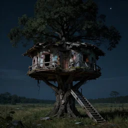 close - up, dark deep night, stars shining, tree - house, broken building constructions of a giant staircase for multiple cases, leading to the sky, the ruins, in the steppe, summer field, from the game pathologic 2, highly detailed, sharp focus, matte painting, by isaac levitan and asher brown durand,