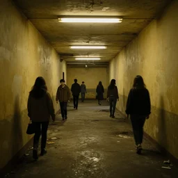 the backrooms, the eerie forlorn atmosphere of a place that's usually bustling with people but is now abandoned and quiet, walls with tone of yellow, buzzing fluorescent lights, unsettling images, liminal space, dark