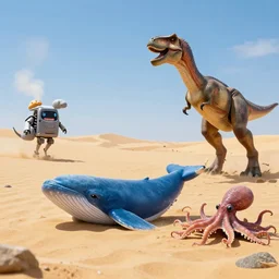🐋 🦑🤖🦖🐙 👽 🐳 in desert, photography