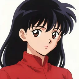 anime girl in red outfit, detailed face, black hair, illustration