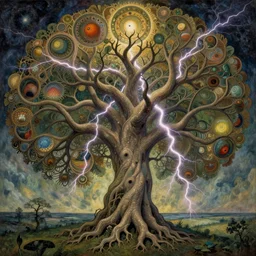 tree of life by roger dean and andrew ferez, art forms of nature by ernst haeckel, divine chaos engine, symbolist, visionary, art nouveau, botanical fractal structures, lightning, surreality, lichtenberg figure