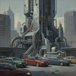 a painting of a futuristic city with cars parked in front of it, cyberpunk art by chris labrooy, cgsociety, brutalism, dystopian art, artstation hq, greeble