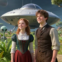 a girl and a boy standing next to some alien plants, looking happy, wearing victorian clothes, in front of their space ship, in a park on a alien planet, ultra realistic facial details, enhanced faces, ultra photorealistic raytracing, 8k