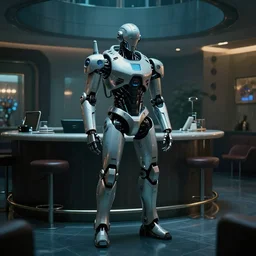 cyborg mr. - worldwide in a plastic hotel lobby, in 2 0 5 5, y 2 k cybercore, industrial low - light photography, still from a ridley scott movie