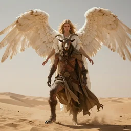 terrific jinn demon in middle of desert with hoof on his feet and goat face with long cloth afraid of beautiful powerful angel, epic angel, wporfull angel, good vs evil, atmosphere, harsh lighting, cinematic lighting,, award wining art, artstation, high details, concept art, 4 k