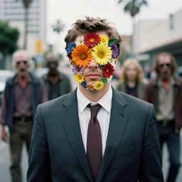 sharp portrait of a man in a suit with a face made of flowers standing in los angeles with blured zombies on a background, bokeh, detailed, film photography, kodak portra 4 0 0, mamiya,