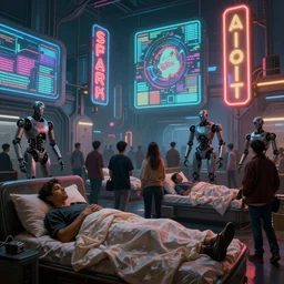 futuristic neon signs in a scene of ( a crowd of people ) waking up, ( robot cyborgs ), futuristic oil painting by jeff koonz, ( ( led panel screens and projections ) ), ( ultra realistic ), dynamic lighting, octane render, ( ( vertical led lighting ) ), 3 5 mm lens, film grain