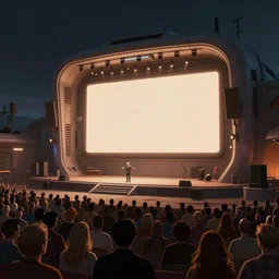 stylized concept art of a small near - future musical venue with a large screen in front of a very small but excited crowd by syd mead