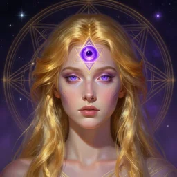 portrait of a gallent goddess with glowing purple third eye chakra and golden hair, geometric third eye triangle, sci - fi face, sacred geometry mandal background, breathtaking stars, elegant, highly detailed, digital painting, artstation, concept art, smooth, sharp focus, spiritual art, art by artgerm and greg rutkowski and alphonse mucha, psychedelic