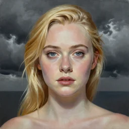 professional painting of Elle Fanning in the style of Coles Phillips, head and shoulders portrait, symmetrical facial features, smooth, sharp focus, illustration, intricate, stormy weather, extremely detailed masterpiece,