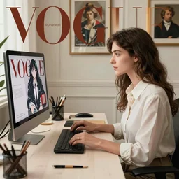 woman using computer, vogue magazine, interior design, greg rutkowski, john singer sargent, anime, trending on artstation, intricate