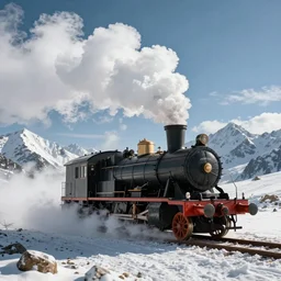 steam engine in the mountains with huge steam clouds, snowy mountains in the background , ultra low camera angle, super wide lens, tilted camera, high speed motion, cinematic, ultra resolution, octane render, top trending artstation, 4k, 8k, hyper realistic, digital art, incredible details,