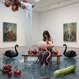 dripping, painting of a flooded modern art gallery and a tall emo girl, art gallery interior, pig, waterfall, bench seat, sensual, organic, pomegranates, holding a pig, octopus, zen, black swans, courgettes, berries, 1 6 mm lens, surrealist, by magritte and monet