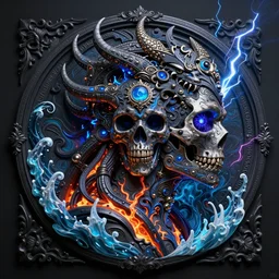 3 d ornate carved dark cosmic king with tattoos profile portrait, sigma 5 0 0 mm f / 5. beautiful intricate highly detailed quetzalcoatl skull. bioluminescent, plasma, lava, ice, water, wind, creature, thunderstorm! artwork by tooth wu and wlop and beeple and greg rutkowski, 8 k trending on artstation