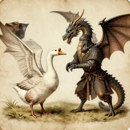 an old illustration of a goose fight a dragon, hd, medieval, old paper, hd, 8 k, hyper detailed,