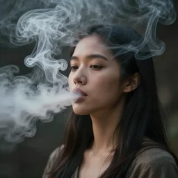 a beautiful native filipino woman who is also a dragon breathing out incredible thick smoke covering her face, thought provoking, matte colors, very very very dramatic lighting, abstract and inspiring digital art trending on artstation