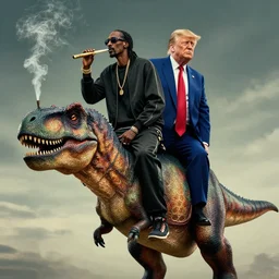 Snoop Dogg and Donald Trump on the back of a T-Rex and smoking a blunt, Tone mapped, upscaled