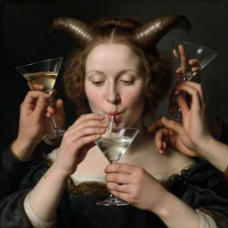 a closeup portrait of a horned woman, multiple hands, too many hands, drinking a martini, martini glass, by jan van eyck