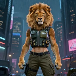 female furry anthro lion, bullet proof vest, cargo pants. cyberpunk city, night, rain. hyper detailed, dynamic background, digital art, trending in artstation, cinematic lighting, studio quality, smooth render, unreal engine 5 rendered, octane rendered, art style by klimt and nixeu and ian sprigger and wlop and krenz cushart