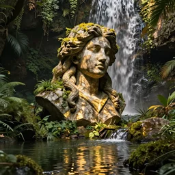 strange bust made of stone with waterfall hair, octane renderer, redshift, photorealism, hyperdetailed, overgrown, small lake with reflections, dynamic lights, cinematic, movie still, golden ratio