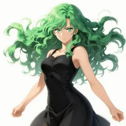 tatsumaki from one punch man, green wavy hair, black dress, fine details, digital painting, pretty face, sharp focus, light and shadow effects, dynamic pose, by cushart krenz, by makoto shinkai
