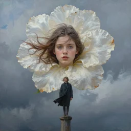 portrait, giant flower head, a girl standing on the pillar, surreal photography, wind and cold, dramatic sky, impressionist painting, digital painting, artstation, simon stalenhag