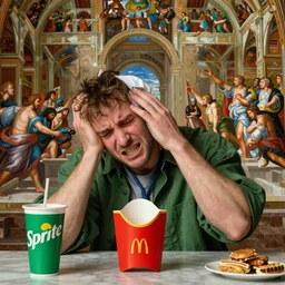 man writhing in pain after consuming mcdonald's sprite, renaissance painting, sistine chapel