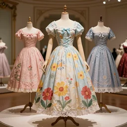 the film still photographed image is a fantasy vintage royal summer day dress ensemble from the 1 9 6 0 s. the ensemble is inspired by ashlynn ella from ever after high. it is displayed on a mannequin in a royal museum exhibit.