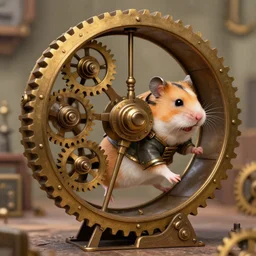 a steampunk hamster engineer running inside a hamster wheel that looks like a cog connected to other cogs