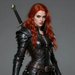 Beautiful Rogue lady, red hair, Black leather armor, high fantasy, Katherine mcnamara inspired, very detailed face, daggers, high fantasy, matte painting, by Frank Franzzeti, trending on Artstation, octane, trending on Deviantart, artstationHQ, cgscoiety, artstationHD, full color, ultra HD, 8k