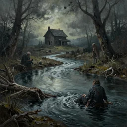 grunge painting of a horror river. in the distance, there is a haunted shed. by bob ross, albert bierstadt, creepy, immaculate scale, hyper - realistic, trending on artstation, 8 k, detailed, atmospheric, immaculate