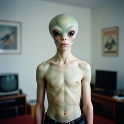 photography portrait of a cool teenage humanoid alien in a 9 0 s room, hasselblad, kodachrome, film grain, iso 1 0 0, f 8, world press photo award, national geographic, teenage alien documentary photo series, wonderful studio lighting, by steve mccurry, leica