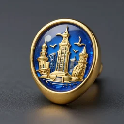 gold signet pin of a fantasy trading company, trading company, blue, style of rossdraws