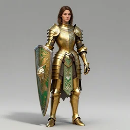 full body portrait of a female warrior medium length brown hair and a very very highly detailed face wearing elegant golden plate mail armor intricately painted with green and white white accents, holding a rectangular tower shield, designed in blender, artstation, cgsociety, realistic character concept art, sharp focus, by greg rutkowski, artgerm, and alphonse mucha